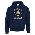 Cappuccino Assassino print on a navy pullover hoodie, front view