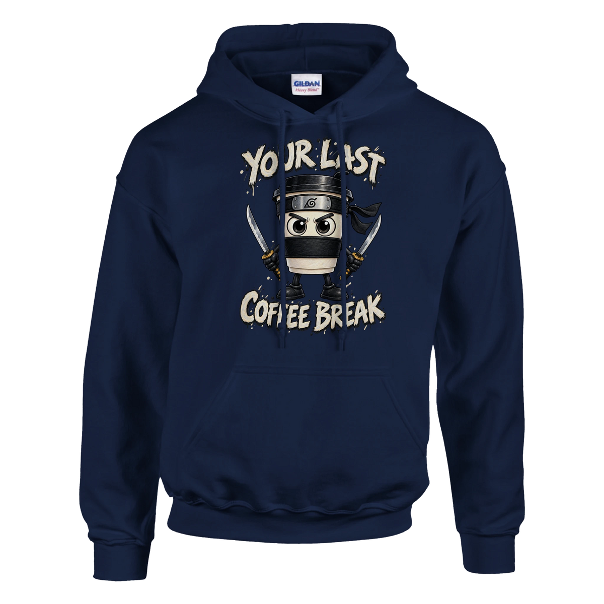 Cappuccino Assassino print on a navy pullover hoodie, front view