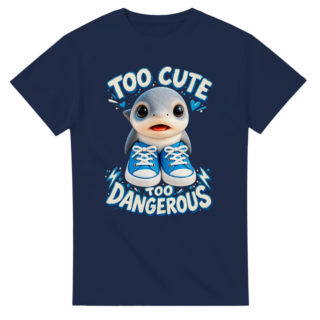 Navy t-shirt printed with Los Tralaleritos and the words Too cute, too dangerous, front view