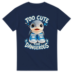 Navy t-shirt printed with Los Tralaleritos and the words Too cute, too dangerous, front view