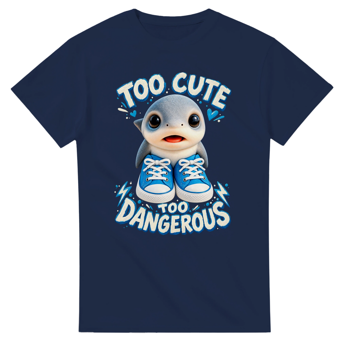 Navy t-shirt printed with Los Tralaleritos and the words Too cute, too dangerous, front view