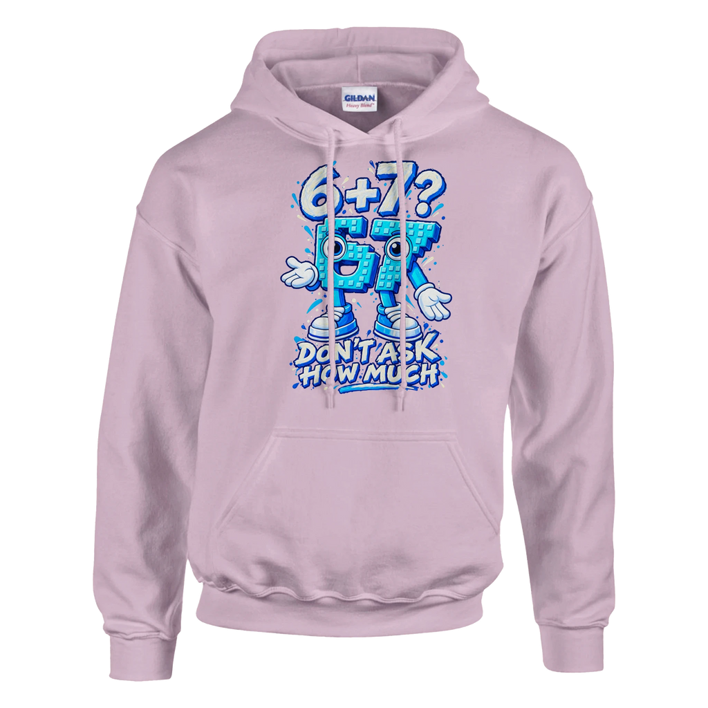 67 print on a light pink pullover hoodie, front view