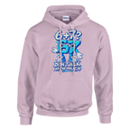 67 print on a light pink pullover hoodie, front view