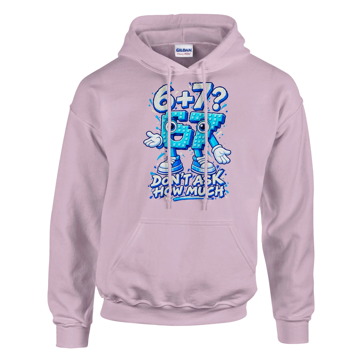 67 print on a light pink pullover hoodie, front view