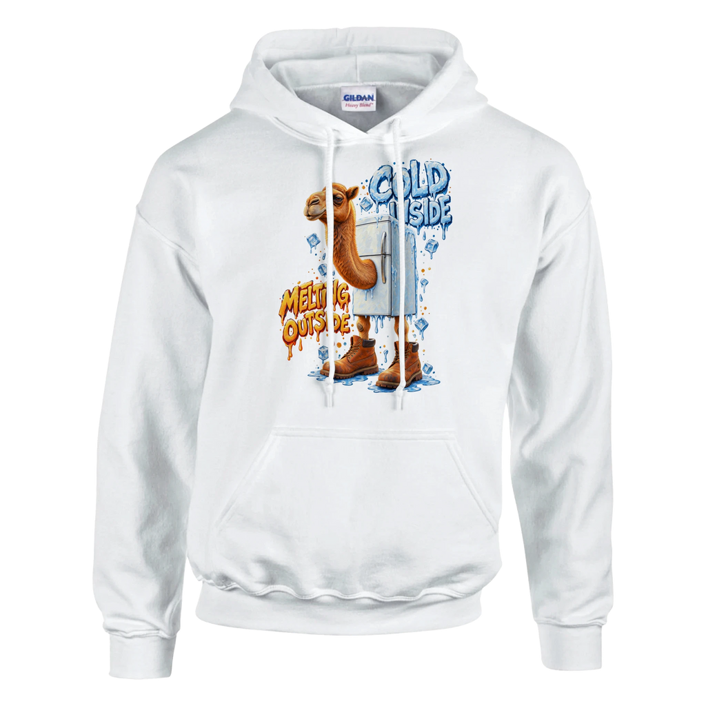 Frigo Camelo print on a white pullover hoodie, front view