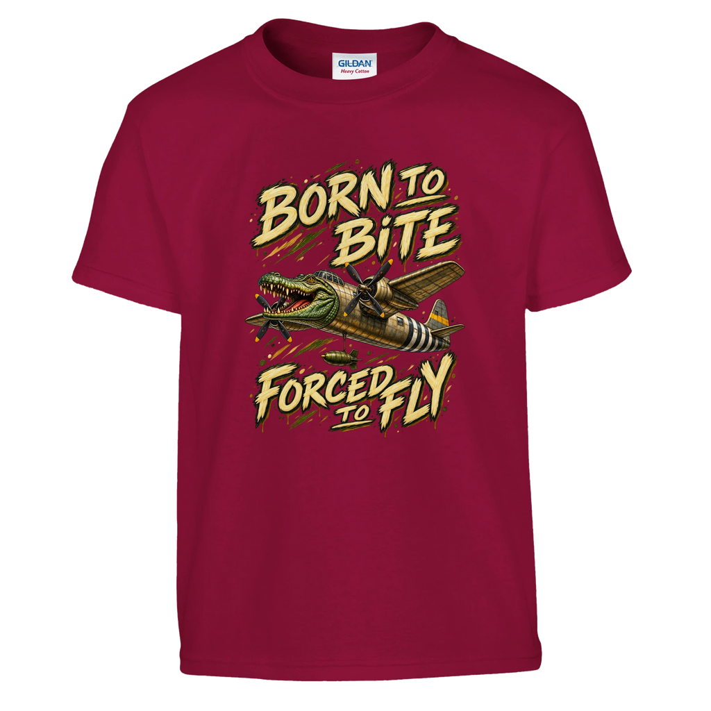 Bombardino Crocodilo print on a cardinal red kids t-shirt, front view