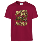 Bombardino Crocodilo print on a cardinal red kids t-shirt, front view