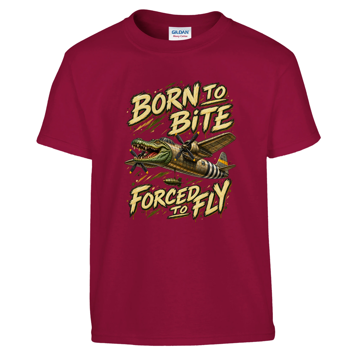 Bombardino Crocodilo print on a cardinal red kids t-shirt, front view