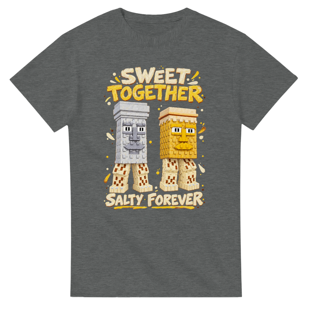 Graphite Heather t-shirt printed with Garama and Madundung and the words Sweet together, salty forever, front view
