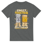Graphite Heather t-shirt printed with Garama and Madundung and the words Sweet together, salty forever, front view