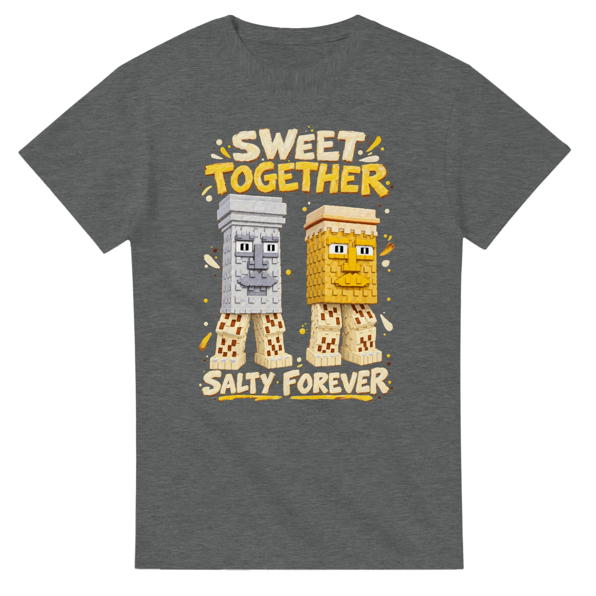 Graphite Heather t-shirt printed with Garama and Madundung and the words Sweet together, salty forever, front view