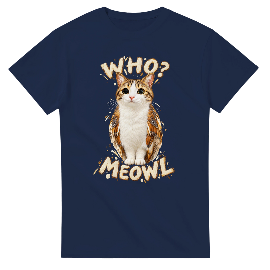 Navy t-shirt printed with Meowl and the words Who? Meowl, front view