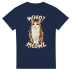 Navy t-shirt printed with Meowl and the words Who? Meowl, front view