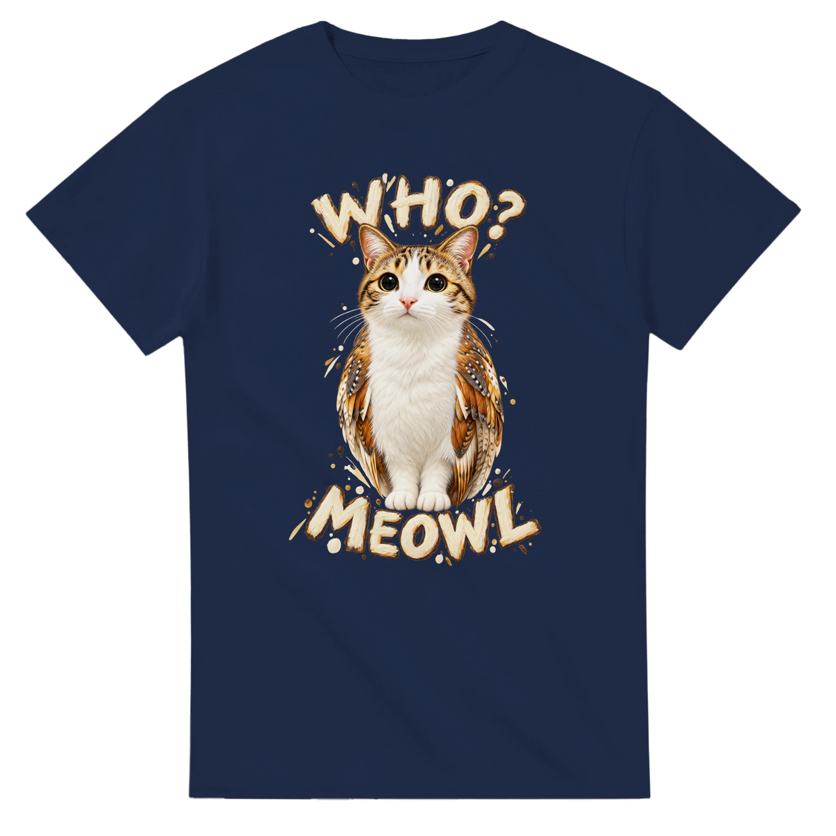 Navy t-shirt printed with Meowl and the words Who? Meowl, front view