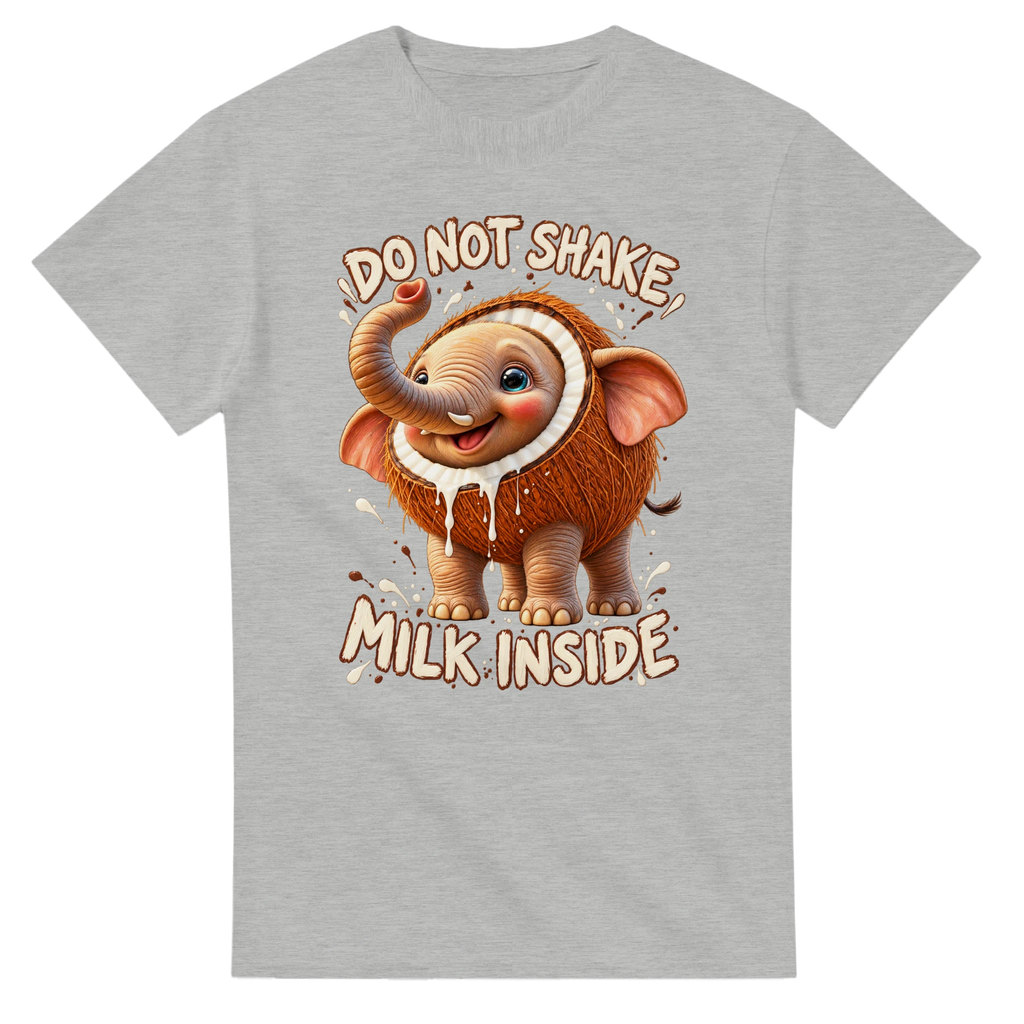 Ash t-shirt printed with Cocofanto Elefanto and the words Do not shake, milk inside, front view