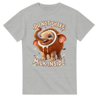 Ash t-shirt printed with Cocofanto Elefanto and the words Do not shake, milk inside, front view