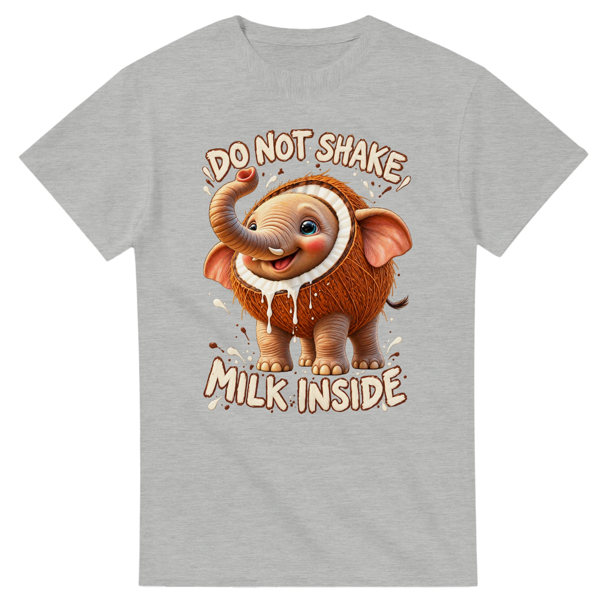 Ash t-shirt printed with Cocofanto Elefanto and the words Do not shake, milk inside, front view
