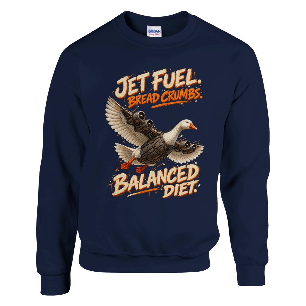 Bombombini Gusini print on a navy crewneck sweatshirt, front view