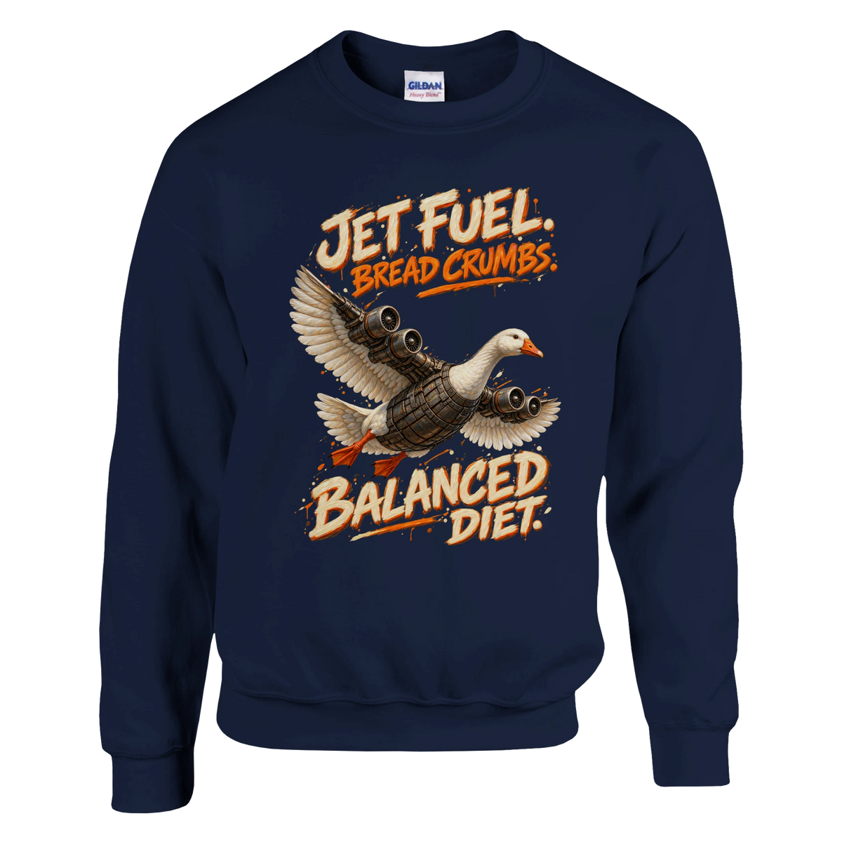 Bombombini Gusini print on a navy crewneck sweatshirt, front view