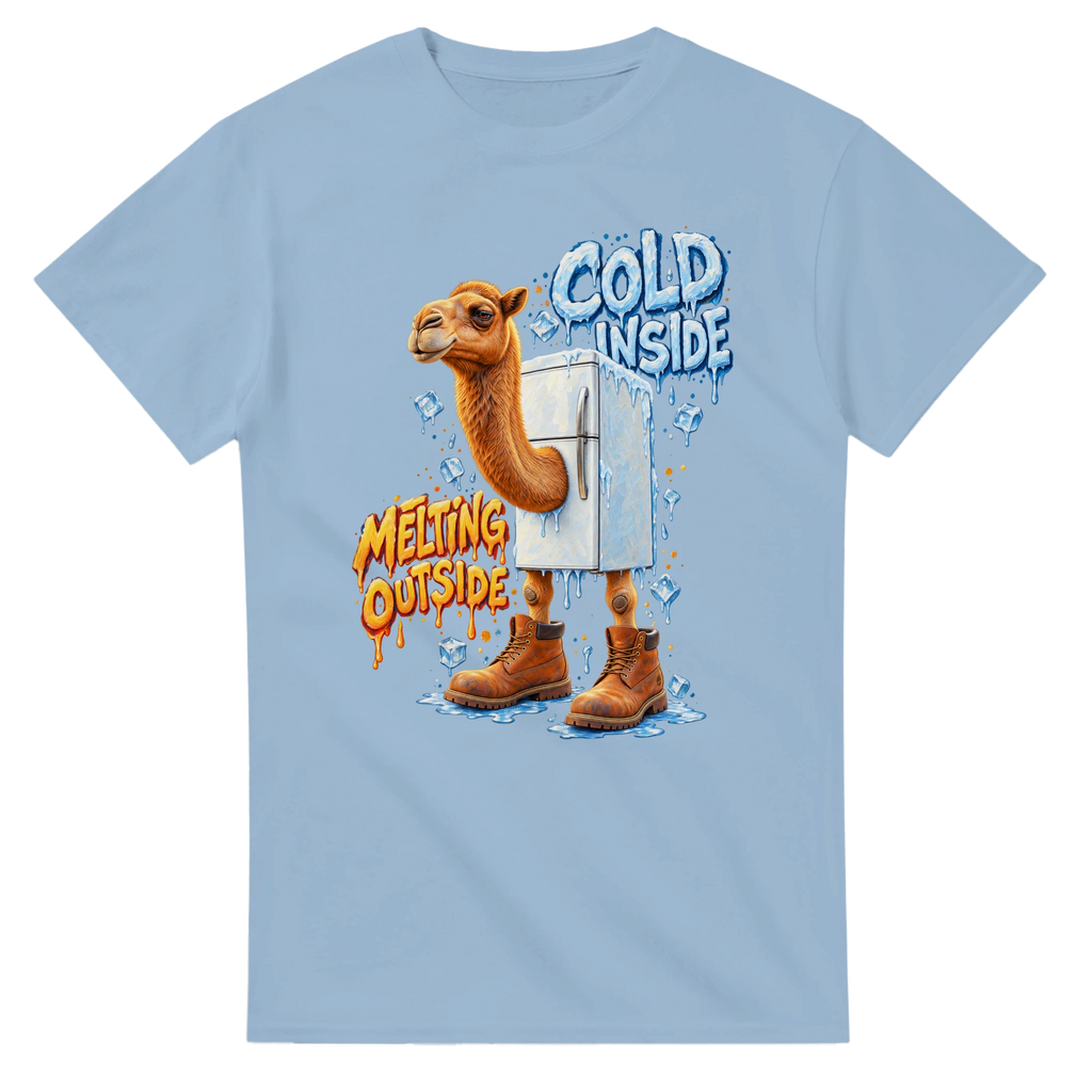 Light Blue t-shirt printed with Frigo Camelo and the words Cold inside, melting outside, front view