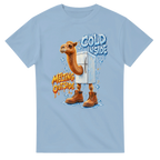 Light Blue t-shirt printed with Frigo Camelo and the words Cold inside, melting outside, front view