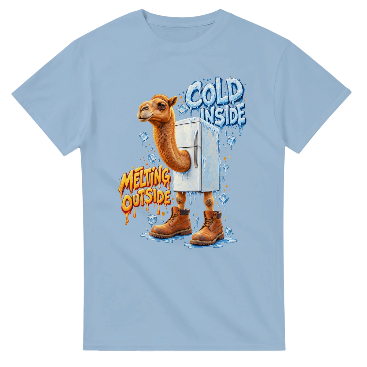 Light Blue t-shirt printed with Frigo Camelo and the words Cold inside, melting outside, front view