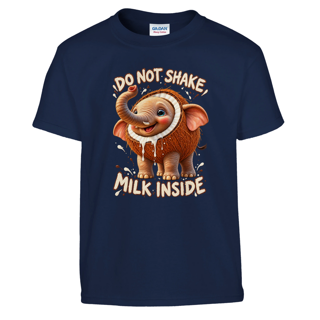 Cocofanto Elefanto print on a navy kids t-shirt, front view