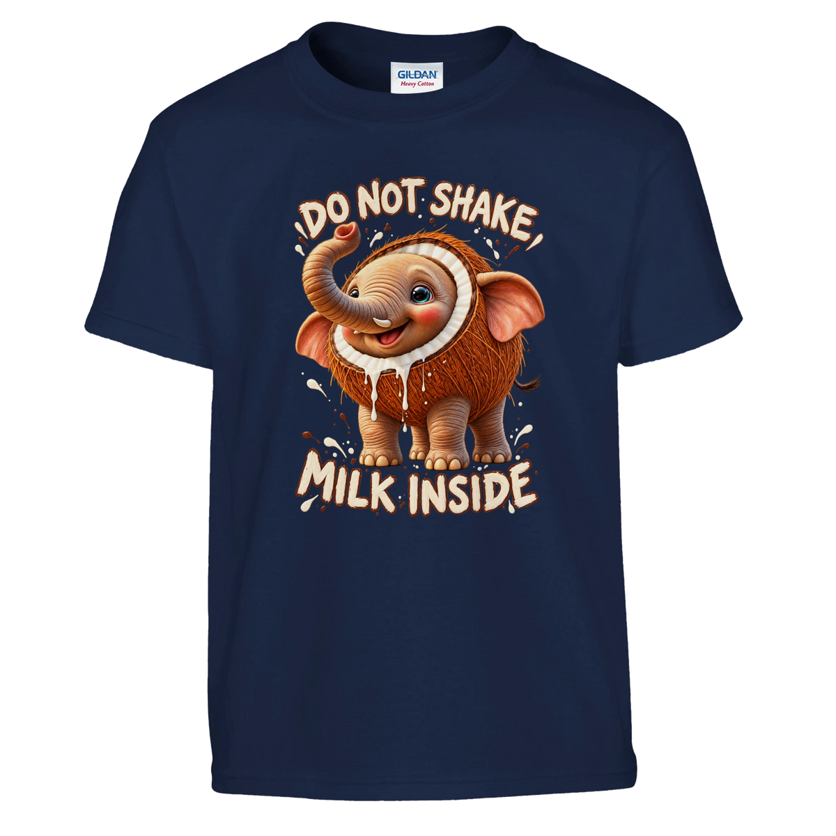 Cocofanto Elefanto print on a navy kids t-shirt, front view