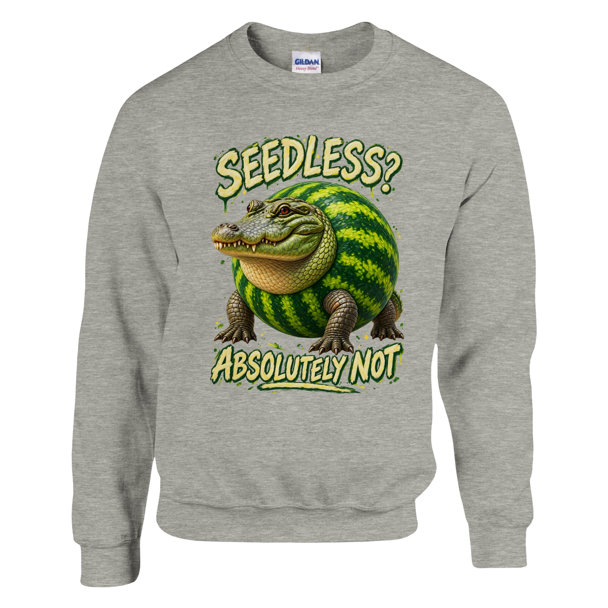 Glorbo Fruttodrillo print on an ash grey crewneck sweatshirt, front view