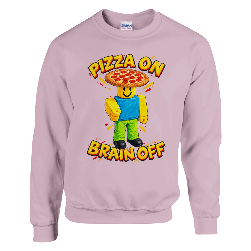 Noobini Pizzanini print on a light pink crewneck sweatshirt, front view