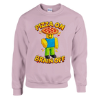 Noobini Pizzanini print on a light pink crewneck sweatshirt, front view