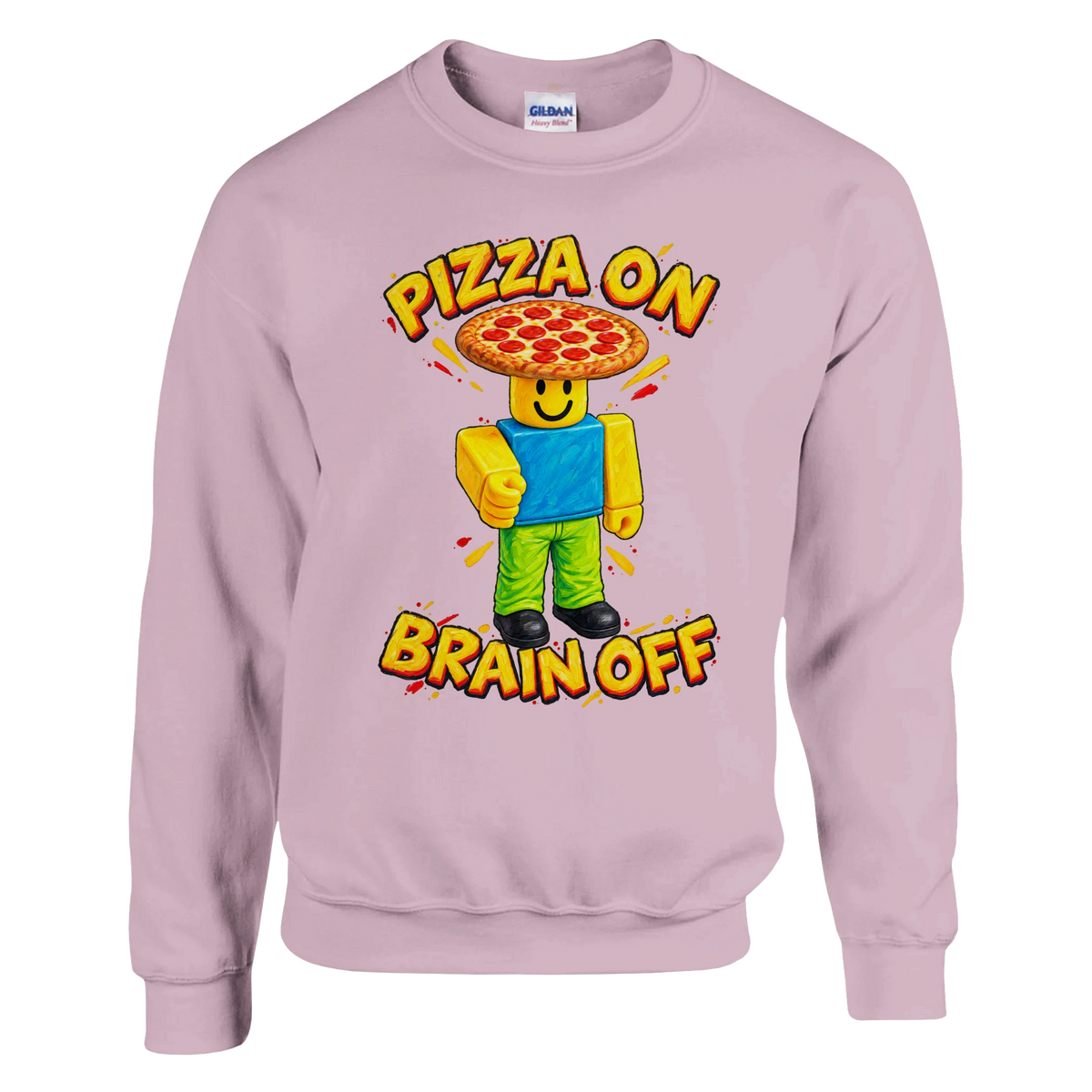 Noobini Pizzanini print on a light pink crewneck sweatshirt, front view