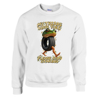 Boneca Ambalabu print on a white crewneck sweatshirt, front view