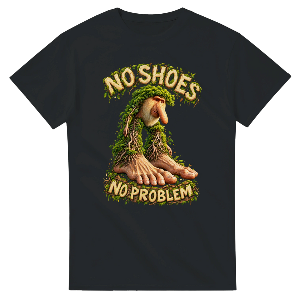 Black t-shirt printed with Brr Brr Patapim and the words No shoes, no problem, front view