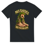 Black t-shirt printed with Brr Brr Patapim and the words No shoes, no problem, front view