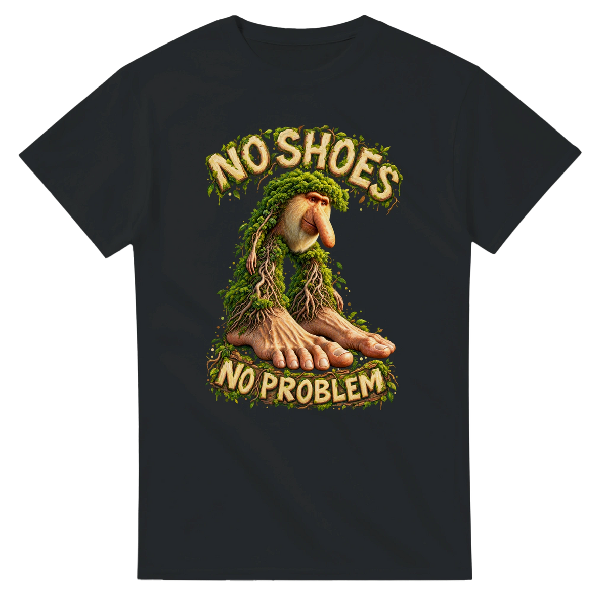 Black t-shirt printed with Brr Brr Patapim and the words No shoes, no problem, front view