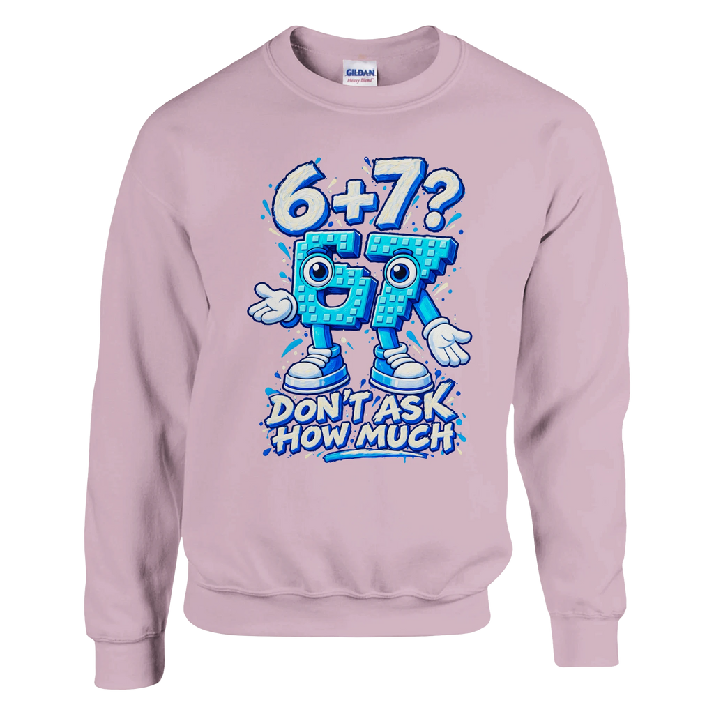 67 print on a light pink crewneck sweatshirt, front view
