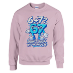 67 print on a light pink crewneck sweatshirt, front view