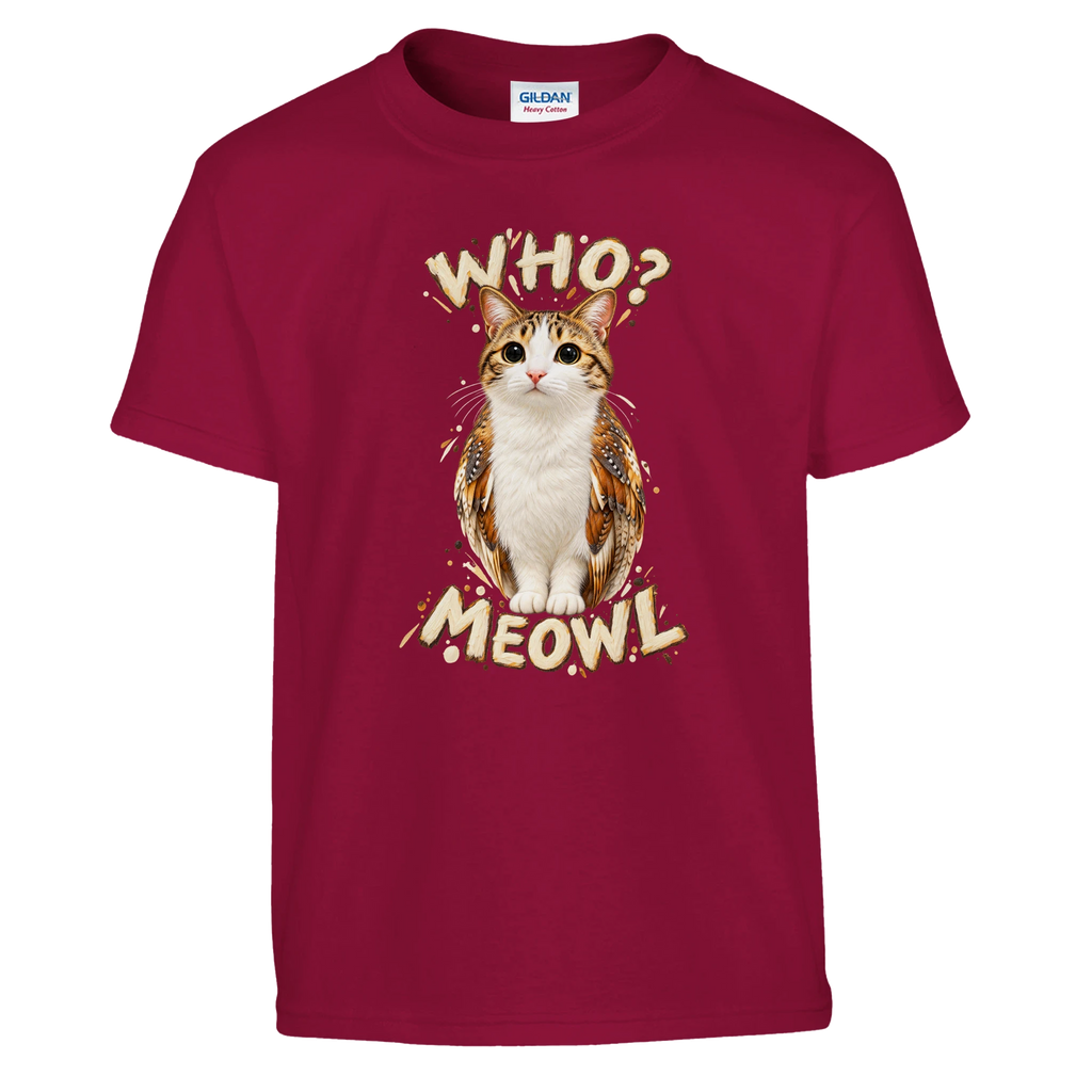 Meowl print on a cardinal red kids t-shirt, front view
