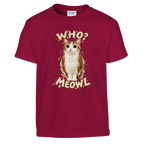 Meowl print on a cardinal red kids t-shirt, front view