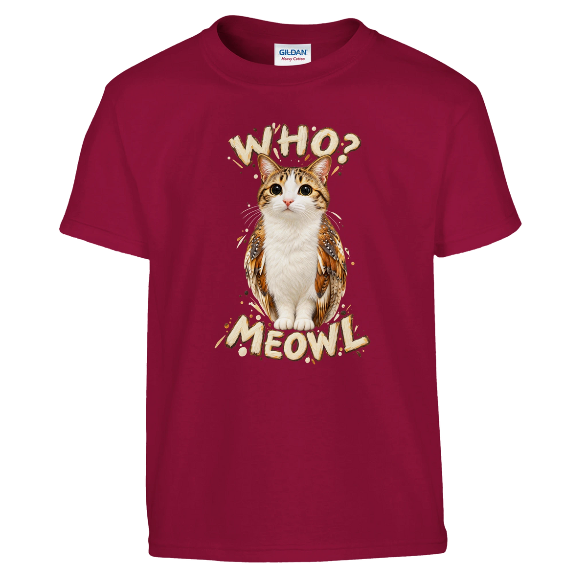 Meowl print on a cardinal red kids t-shirt, front view