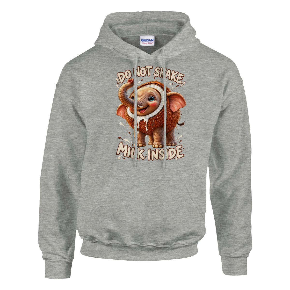 Cocofanto Elefanto print on an ash grey pullover hoodie, front view