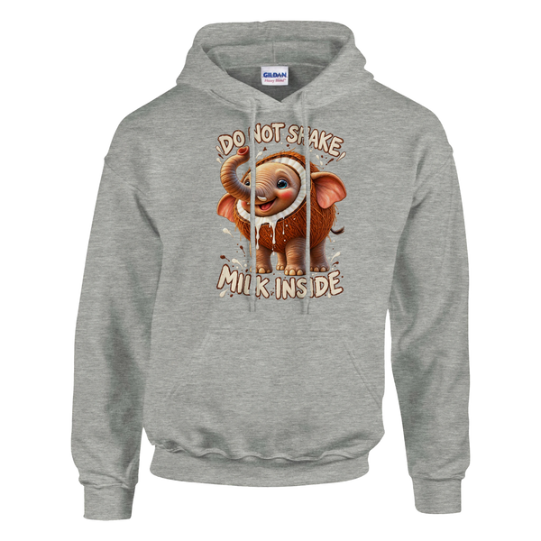 Cocofanto Elefanto print on an ash grey pullover hoodie, front view