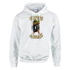 Boneca Ambalabu print on a white pullover hoodie, front view