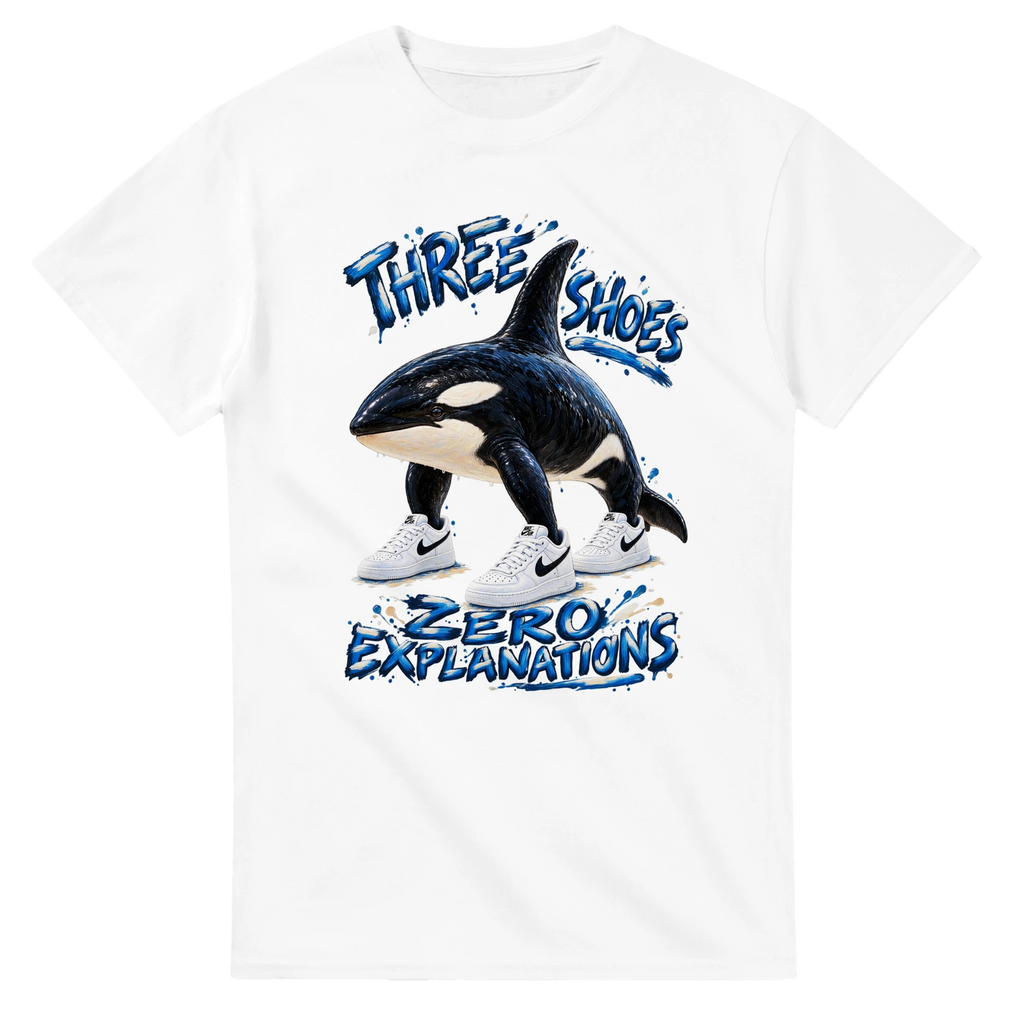 White t-shirt printed with Orcalero Orcala and the words Three shoes, zero explanations, front view