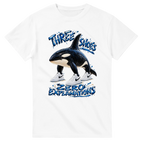 White t-shirt printed with Orcalero Orcala and the words Three shoes, zero explanations, front view