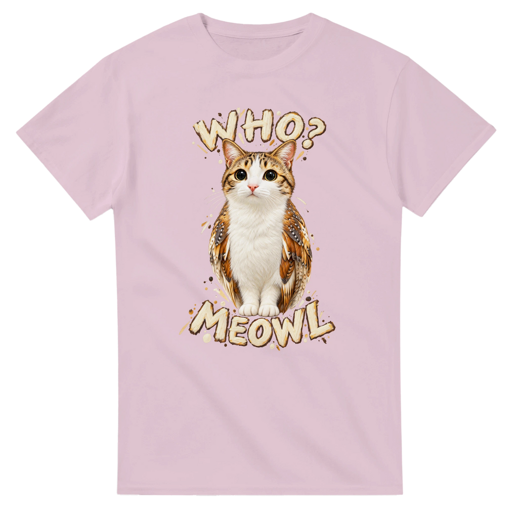 Light Pink t-shirt printed with Meowl and the words Who? Meowl, front view