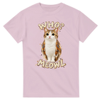 Light Pink t-shirt printed with Meowl and the words Who? Meowl, front view