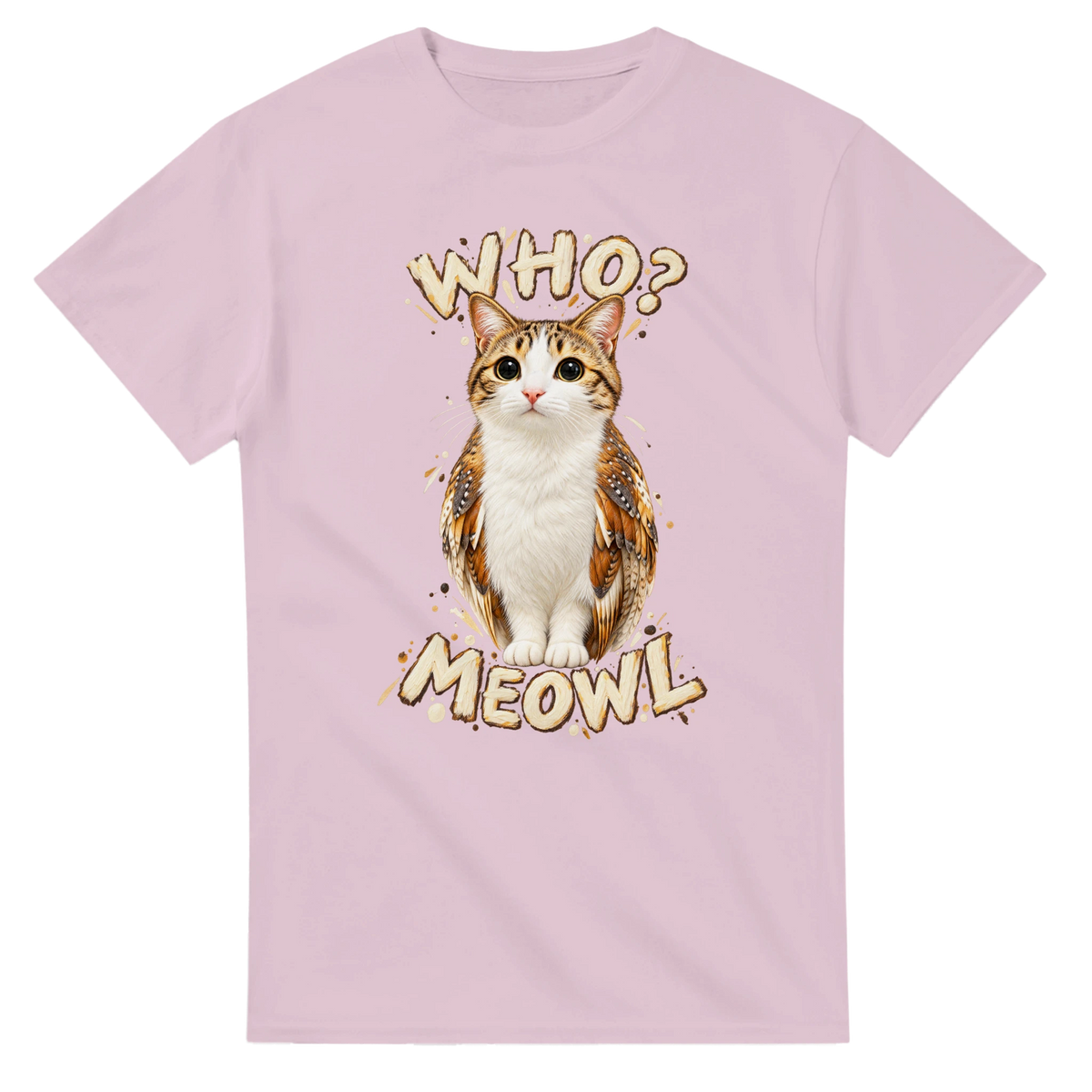 Light Pink t-shirt printed with Meowl and the words Who? Meowl, front view