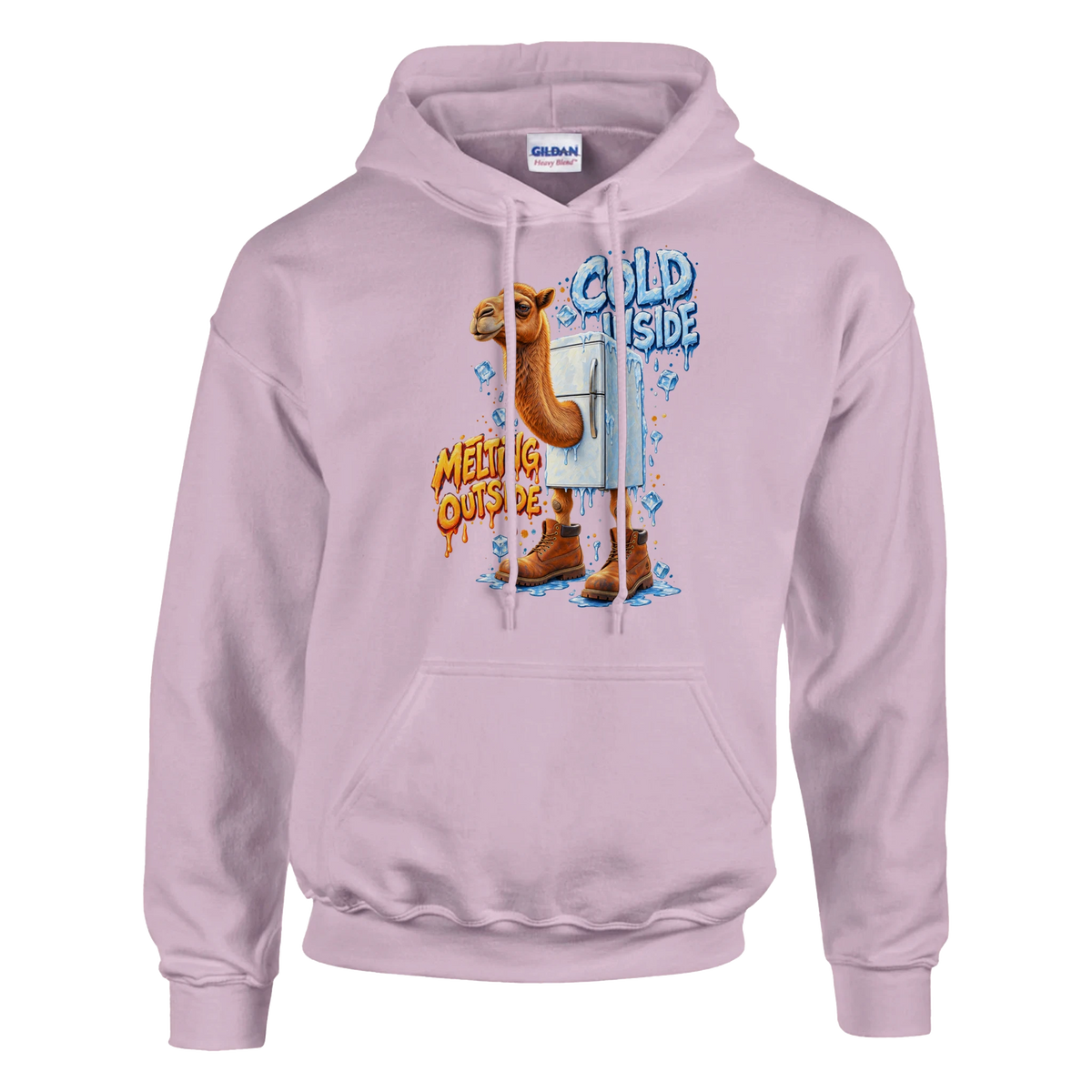 Frigo Camelo print on a light pink pullover hoodie, front view